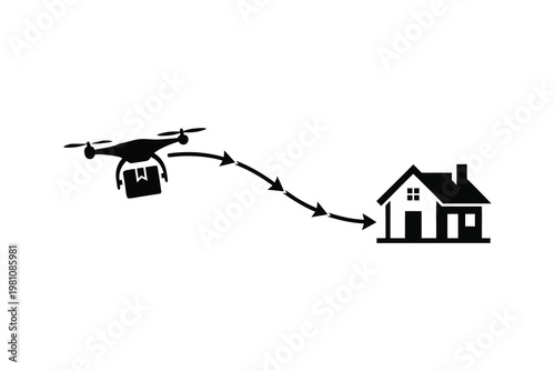 Drone Delivery Service Vector, Black Drone Flying to House with Package