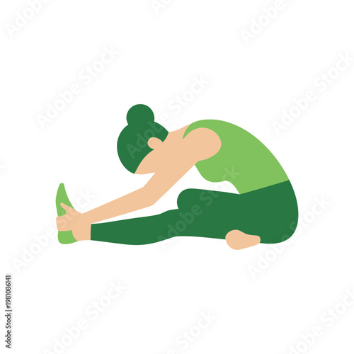 A woman in green clothing is stretching her legs on the floor in a yoga pose