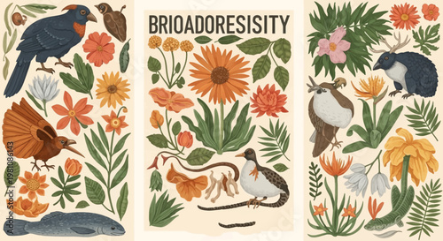 Artistic Floral Wildlife Display: a vibrant and whimsical illustration. The design features a charming arrangement of various flora, fauna, each adding a unique element to the composition. 