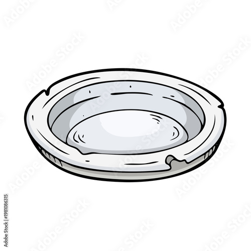 Hand-drawn illustration of a vintage, chipped ashtray with a white background