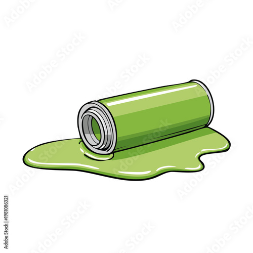 Green liquid spills from an overturned open can illustration