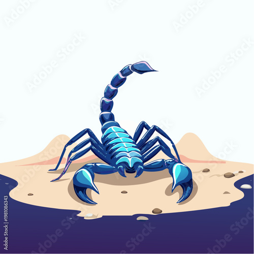 Intense Blue Scorpion Illustration on Sandy Terrain with Dark Blue Water