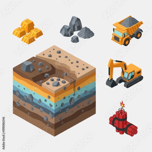 Mining industry elements and equipment isometric illustration.