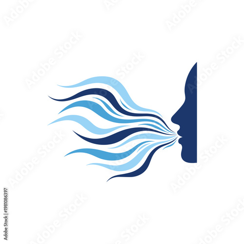 A stylized illustration of a face blowing air in a dynamic motion
