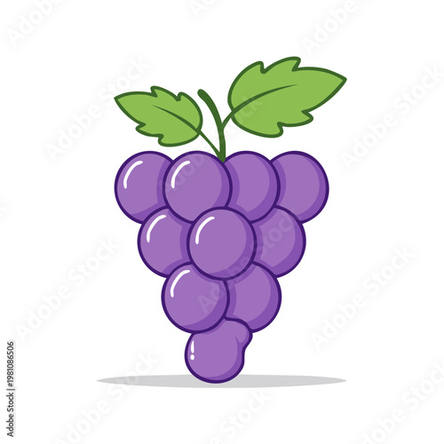 Cartoon illustration of a bunch of ripe purple grapes with green leaves and a stem