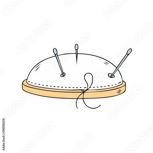 Handmade sewing pincushion with pins and needle and thread illustration