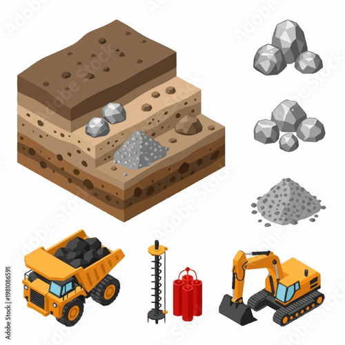 Mining industry equipment and geological layers illustration.
