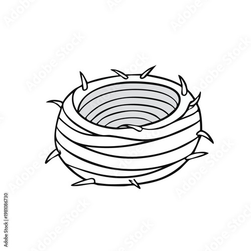 Circular vortex shape with sharp spikes and layered texture representing a gravitational pull or dangerous opening