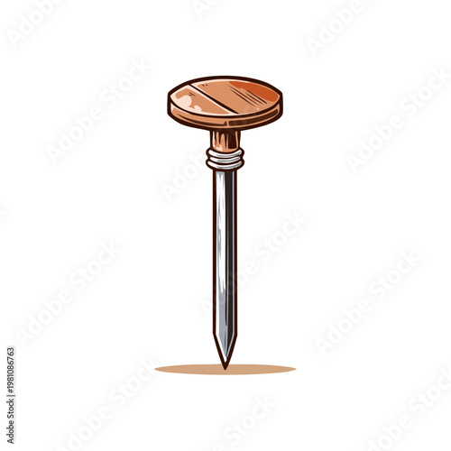A single shiny metal nail with a copper colored head stands upright isolated on a white background