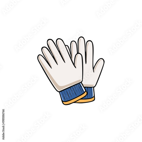 Pair of white winter gloves with blue cuffs and yellow trim isolated on white background