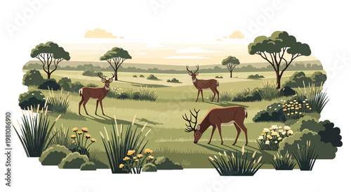 Deer Grazing in the Landscape: Serene herd of deer peacefully grazing in a vibrant landscape under a tranquil sky, perfect for conveying tranquility and natural beauty.