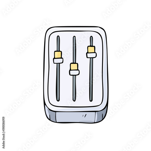 Stylized illustration of a sound mixer with three sliders for audio control and adjustment
