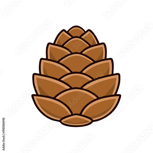 Stylized illustration of a brown pine cone with layered scales and a dark outline