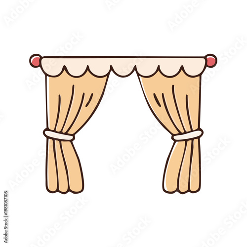 Simple cartoon illustration of light beige curtains tied back with decorative scalloped edges on a rod
