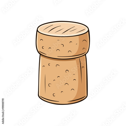 A simple hand drawn illustration of a champagne cork made from natural cork material isolated on white