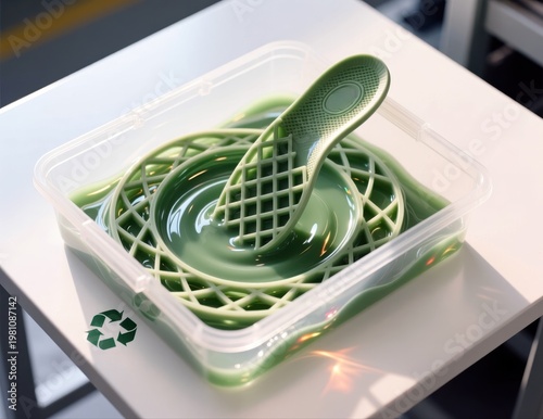 Green reusable bin with recycle symbol holding green liquid waste