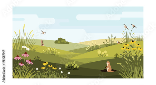 Scenic Valley: An artistic illustration unfolds a vista of rolling green hills, a serene blue sky, a collection of local fauna and flora, embodying the harmony of a well-balanced ecosystem.