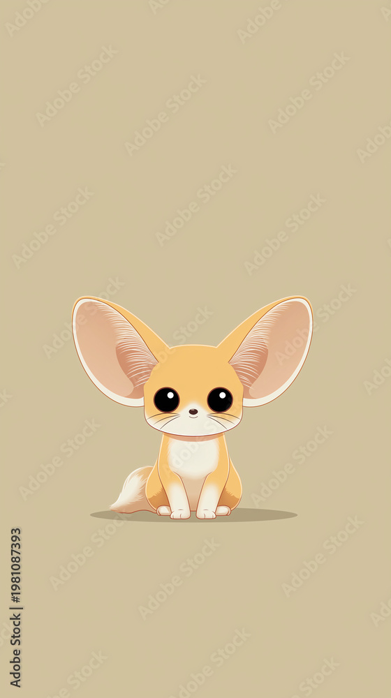Obraz premium A cute cartoon fennec fox with large ears sits looking forward on a plain background