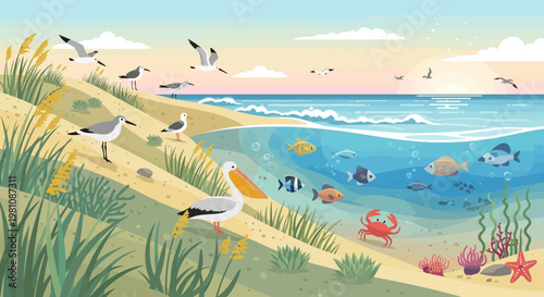 Coastal Ecosystem Illustration: A vibrant illustration showcasing the diverse life of a coastal ecosystem, depicting a variety of seabirds, marine creatures, and underwater flora.