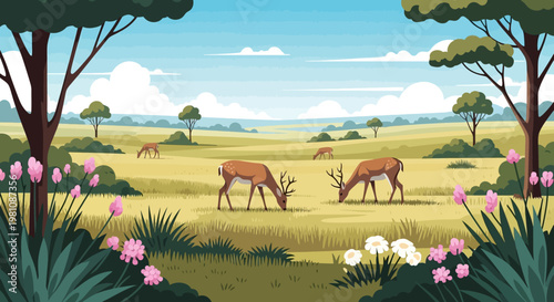 Deer Grazing in the Landscape: A serene vista unfolds, with graceful deer leisurely grazing amid a sprawling grassland, framed by verdant trees under a vast blue sky.