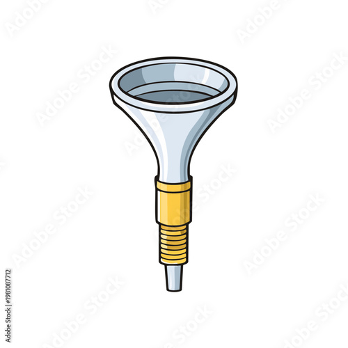 Metal funnel with gold fitting and threaded spout for pouring liquids safely and efficiently