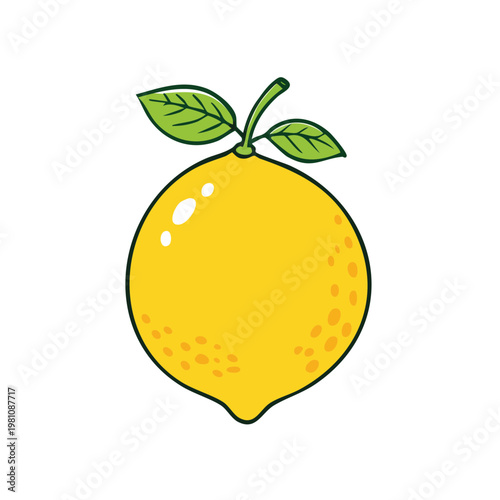 Cartoon Yellow Lemon Fruit With Green Leaves and Stalk