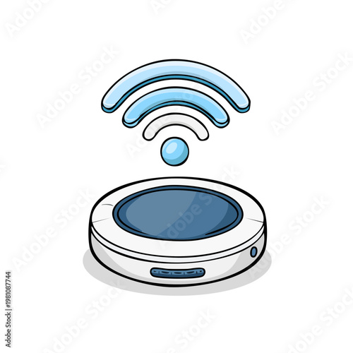 Modern wireless router emitting blue signal waves above its sleek futuristic device