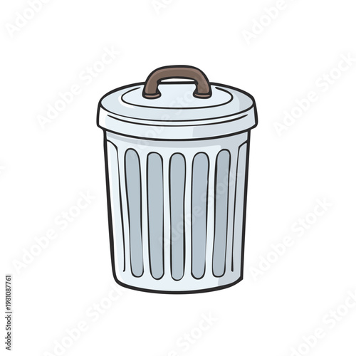 Cartoon illustration of a white garbage can with a lid and handle