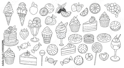 Set of Hand-Drawn Black and White Dessert and Fruit Line Art Illustrations Vector