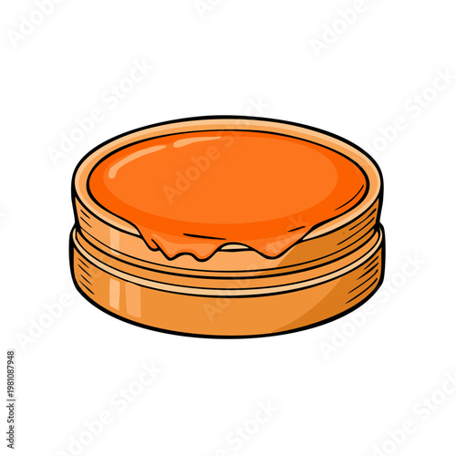 Round container with overflowing orange liquid, cartoon style illustration