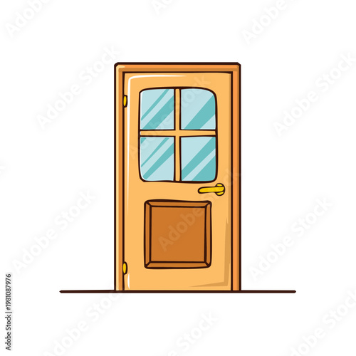 A simple wooden interior door with a glass pane and a gold handle on a white background