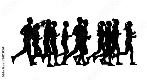 A group of people running together in a line isolated on transparent background, Vector