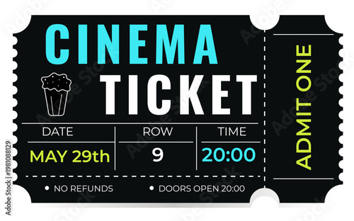 Modern cinema ticket template with popcorn icon and neon colors. Vector illustration