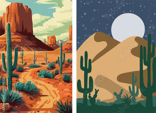 Artistic desert landscapes showing tall cacti and massive sand dunes