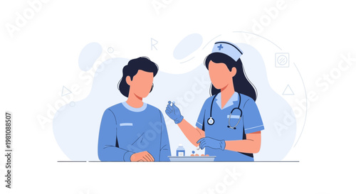 Nurse administering injection to patient, medical care, vaccination concept, flat illustration