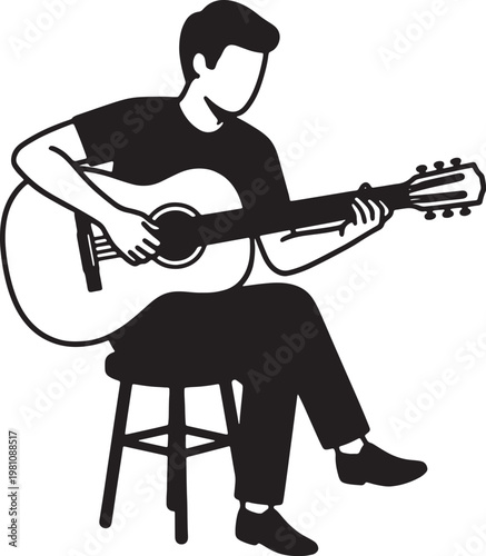Minimalist black and white line art illustration of a male musician playing an acoustic guitar while seated on a stool
