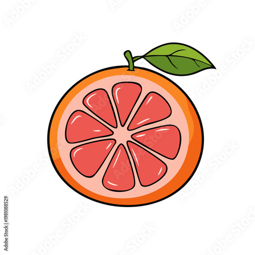 Illustration of a colorful grapefruit slice with a green leaf and stem
