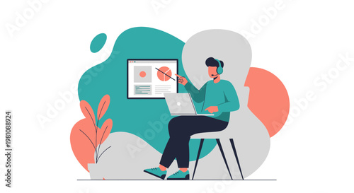 Online learning concept: man with laptop and headset presenting on screen