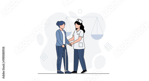 Nurse assisting elderly woman with cane, legal scales in background