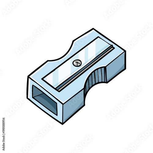 Close up of a blue manual pencil sharpener isolated on white background showing its metallic blade and screw detail