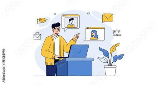 Online learning concept: man teaching via laptop, video call, education icons