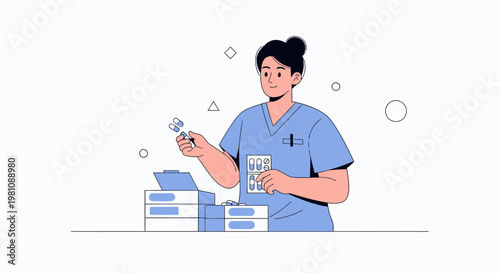 Nurse Preparing Medications, Pills and Capsules, Healthcare Illustration