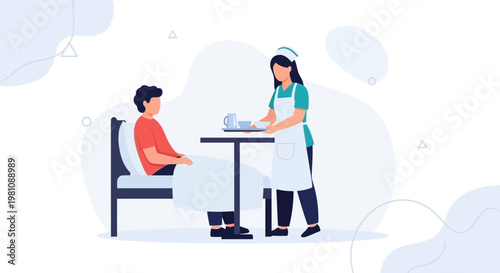 Nurse serving meal to patient in hospital bed, healthcare assistance, medical care concept