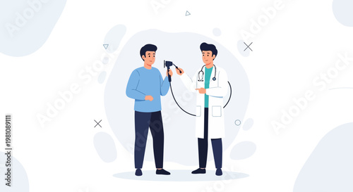 Doctor examining patient's ear with otoscope, medical check-up, healthcare concept