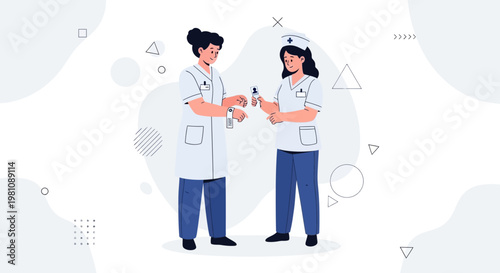 Two nurses in uniform holding medical supplies, modern flat illustration