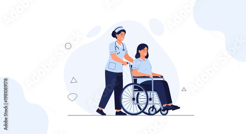 Nurse pushing patient in wheelchair, healthcare, medical assistance, support, care
