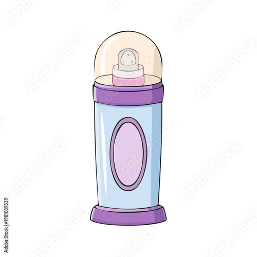 Illustration of a baby bottle with a purple base and light blue body featuring a clear dome and nipple