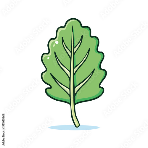 Simple cartoon illustration of a single vibrant green leafy vegetable with a defined stem.