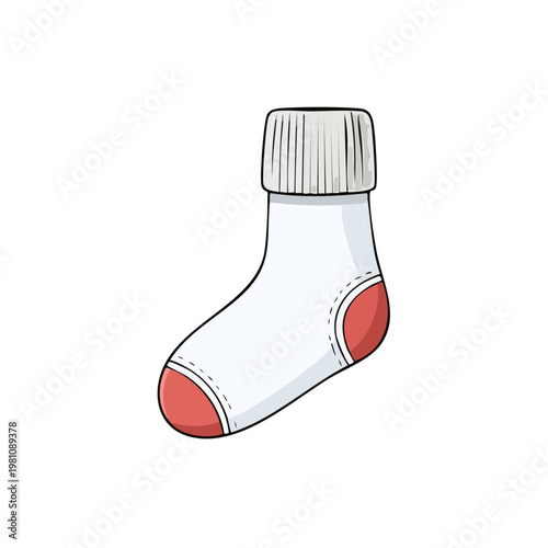 Simple cartoon illustration of a white sock with red accents and ribbed cuff