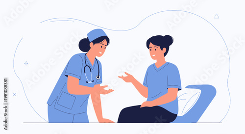 Nurse consulting patient on examination bed, medical consultation and healthcare concept